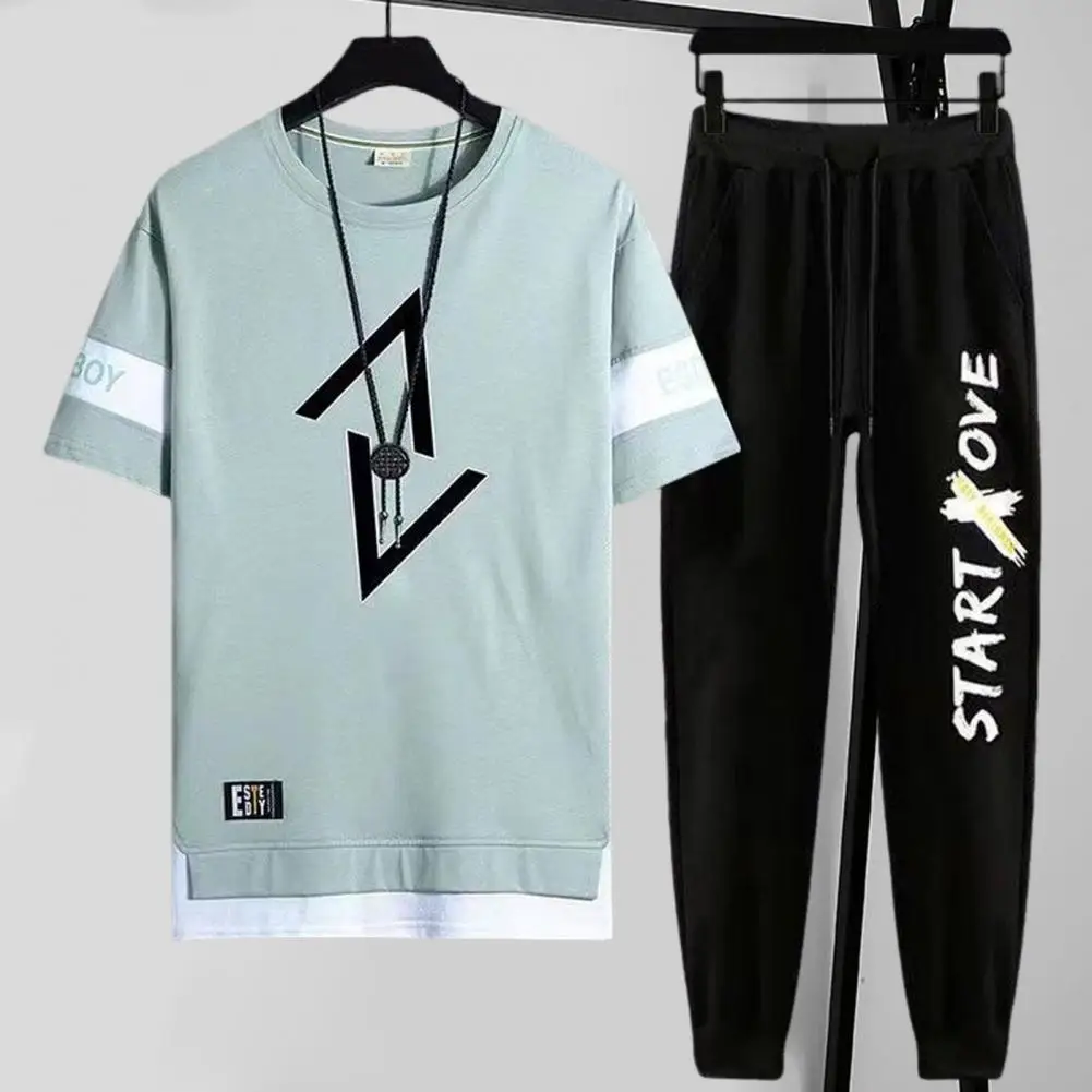 Men T-shirt Pants Set Sportswear Set Letter Printing O-neck Short Sleeve T-shirt Quick Drying Drawstring Waist Sweatpants Set