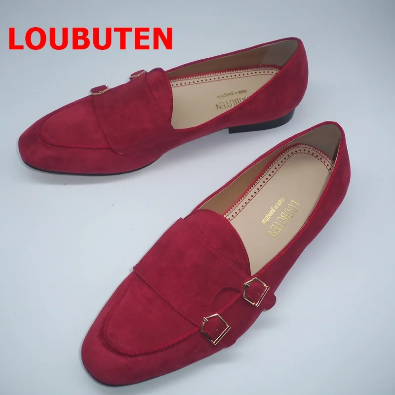 LOUBUTEN Handmade Rose Red Men Suede Loafers Dress Shoes Monk Strap Shoes For Men Casual Flats Party And Wedding Shoes