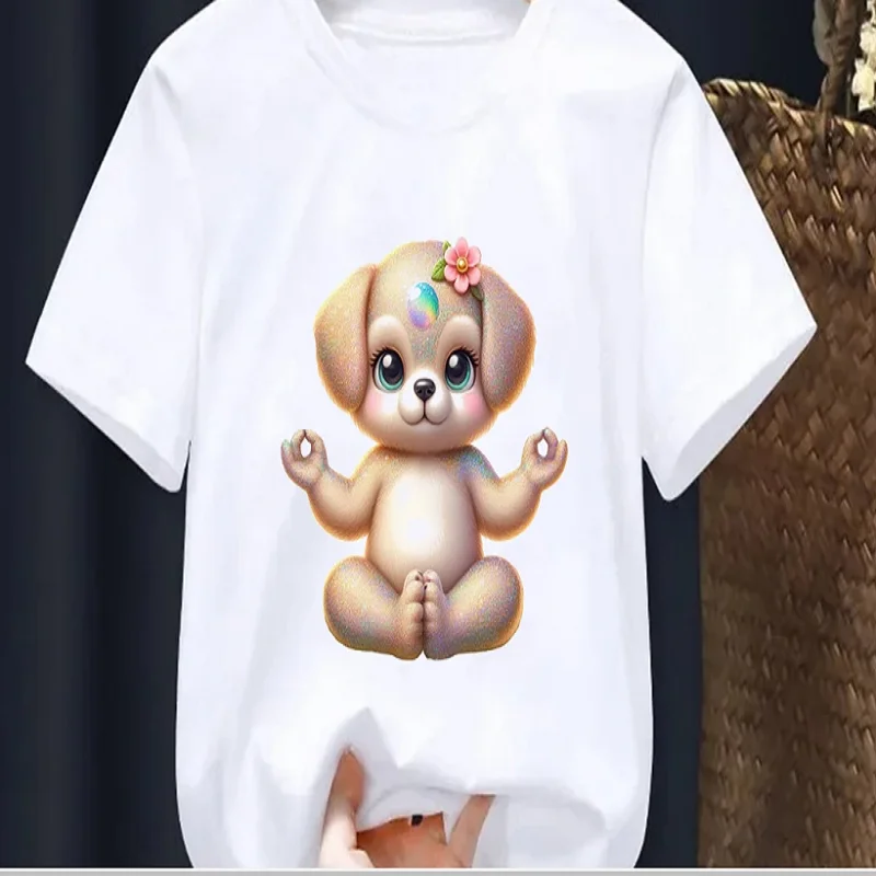 2026 New Yoga Dog Animal Print Kids Tshirt Summer Children'S Short Sleeved Shirt Top Fashion Cute Girl'S T-Shirt White Tops