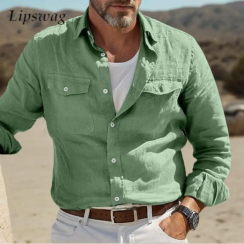 Classy Mens Cotton Shirts Long Sleeve Loose Pure Color Casual Shirt Men Vintage Pocket Button Lapel Cardigan Fall Men\'s Clothes