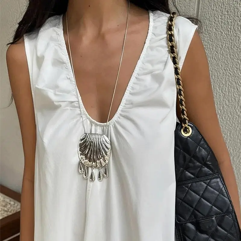 

European and American Heavy Metal Gold & Silver Big Shell Tassel Pendant High Quality Necklace for Women Fashion Jewelry Party T