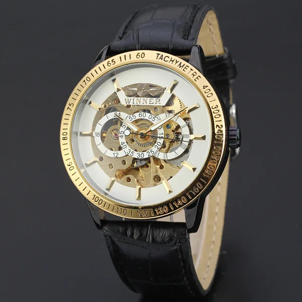 Fashion Winner Top Brand Watch Black Luxury Stainless Steel Mens Skeleton Transparent Mechanical Male Automatic Wrist Watches