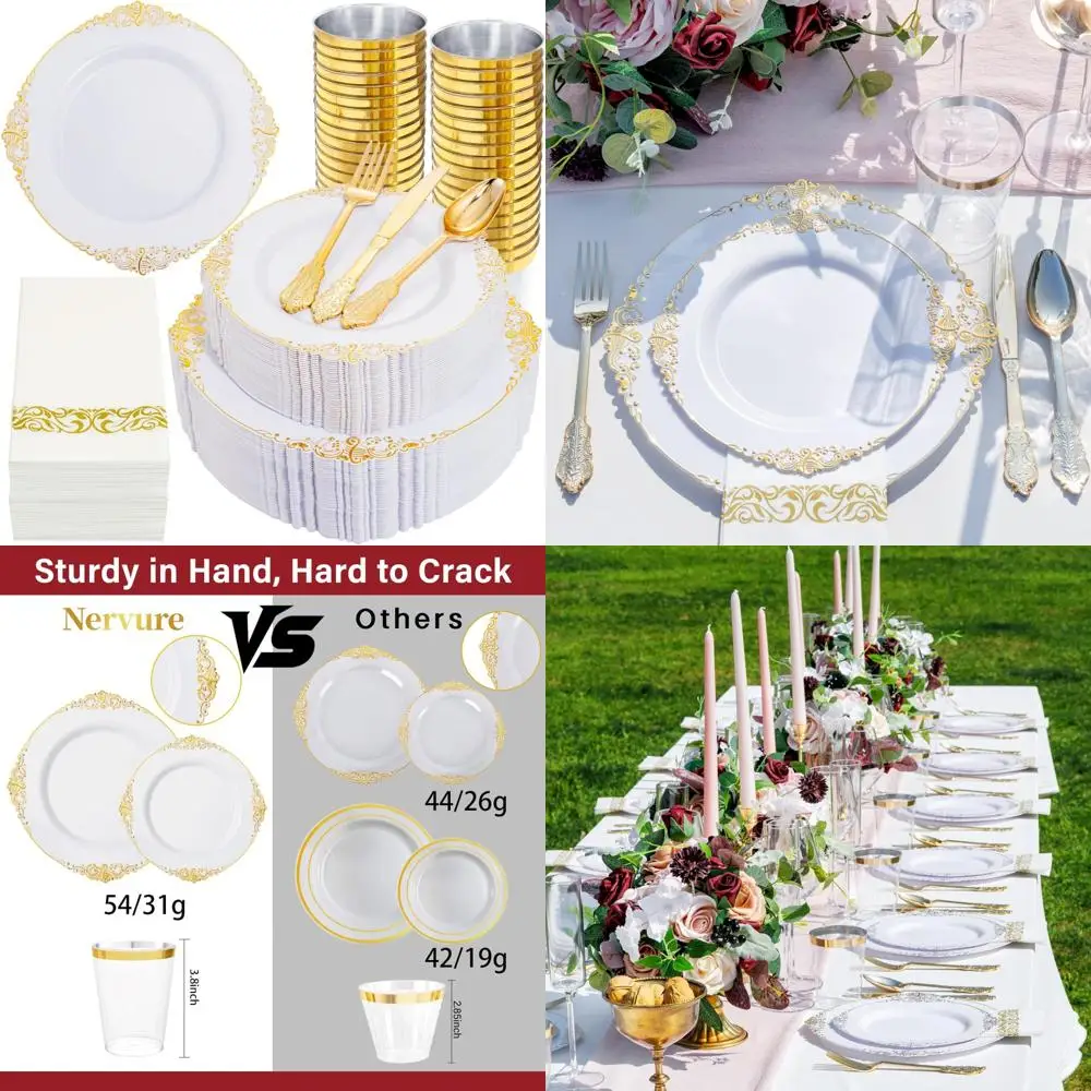 

Золотой набор одноразовой посуды на 50 гостей — 100 белых тарелок, 150 пластиковых тарелок, элегантный белый и золотой цвет