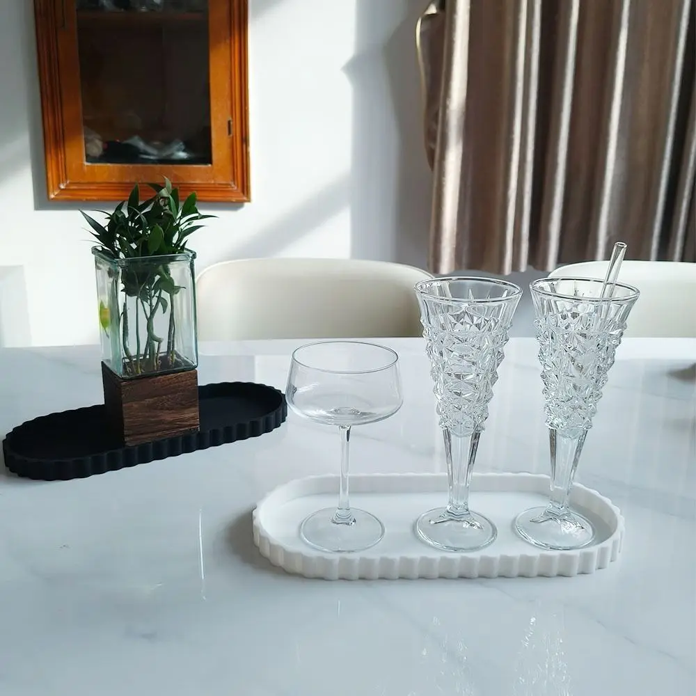 Durable Silicone Oval Storage Tray Wave Edge Marble Pattern Lace Oval Tray Decorative Tabletop Storage Shelf Living Room