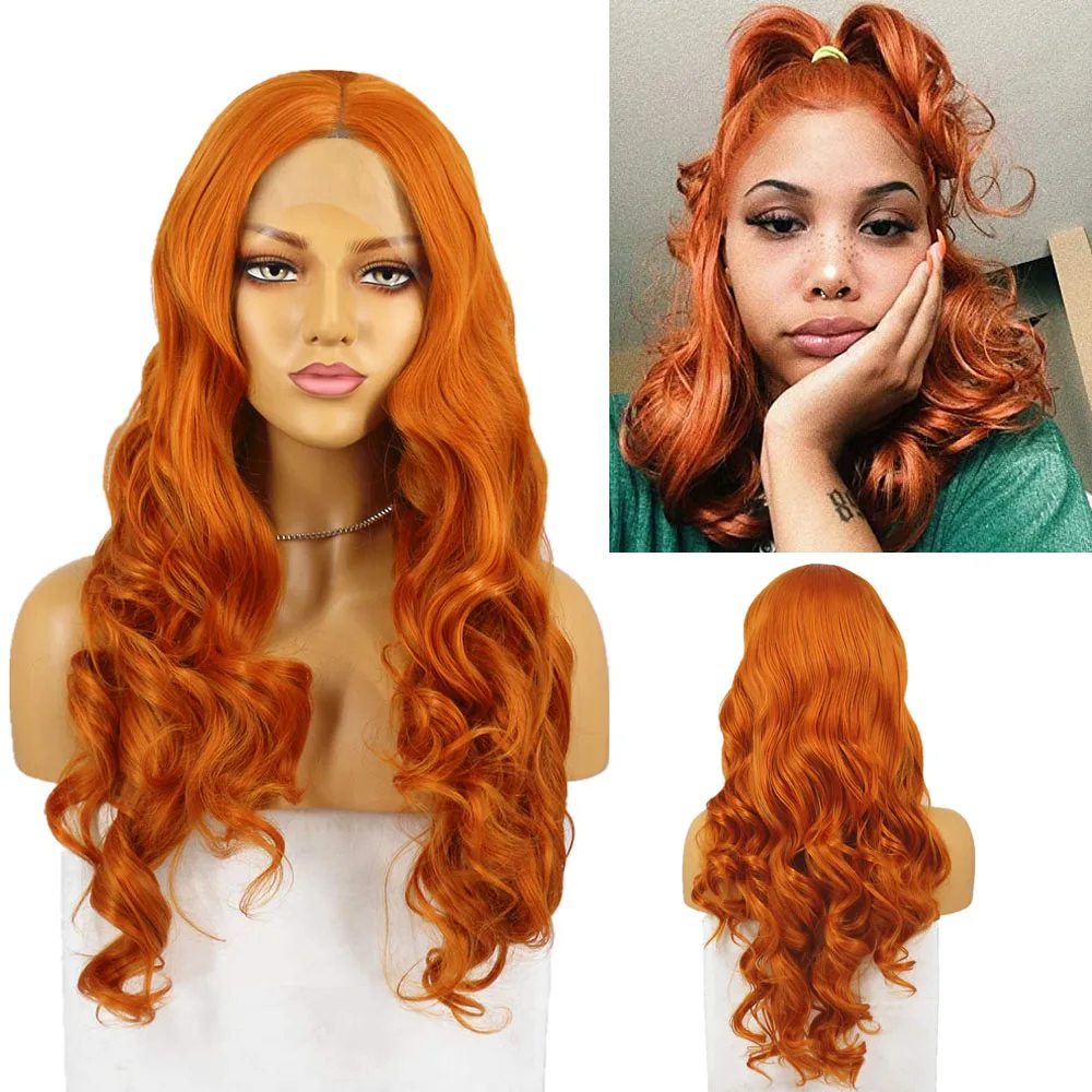 

FANXITION Orange Synthetic Lace Wigs for Women Long Body Wave Lace Front Wig Daily Use Cosplay Replacement Synthetic Wig Party