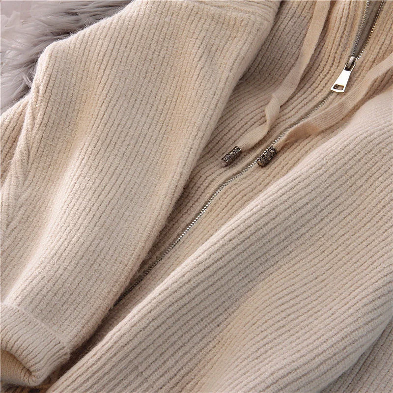 2024 Autumn/Winter Women's New Fashion Chunky Solid Color Hooded Cardigan Zipper Coat Sweater Women's Loose Top Thickened