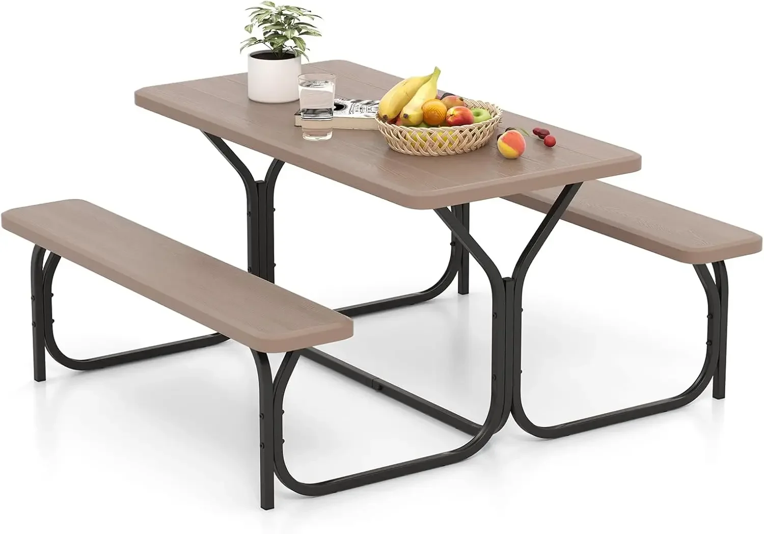 Picnic Table Bench Set Outdoor Camping All Weather Metal Base Wood-Like Texture Backyard Poolside Dining Party