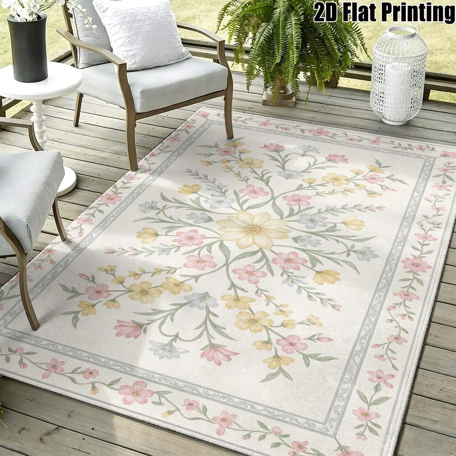 1Pc 2D Printed Carpet: Soft Pink, Yellow & Blue Floral Vintage/Instagram Style, Multi-Size Machine Washable, for Home Decor & Multi-Scene Use