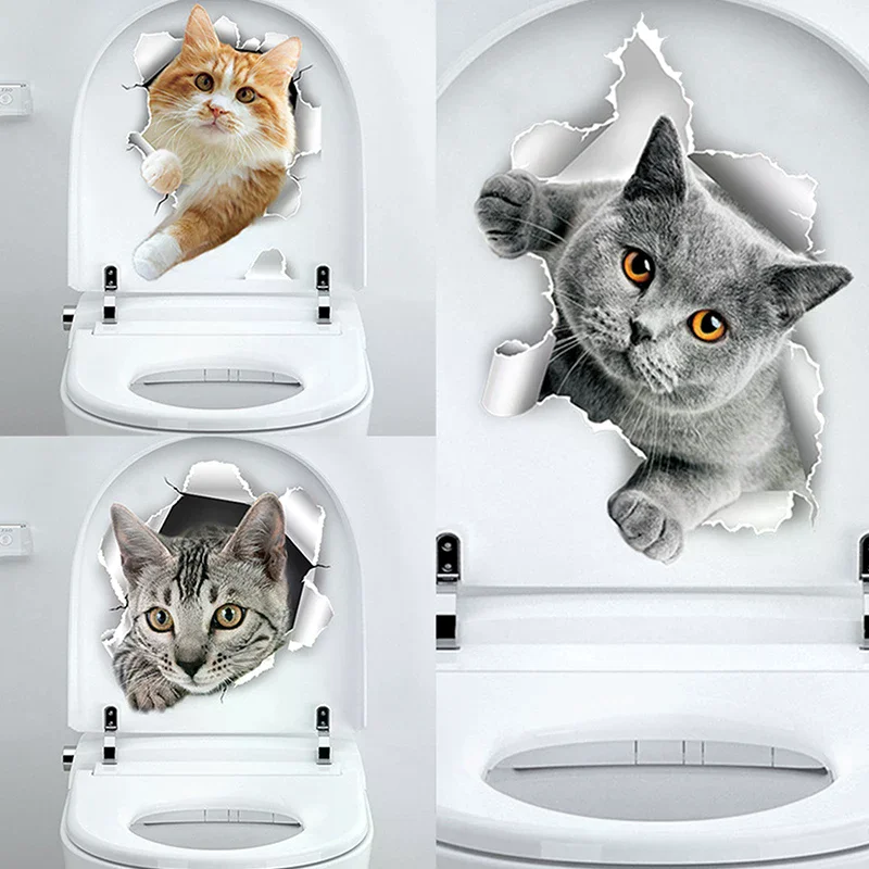 Funny 3D Kitten Toilet Seat Stickers Decals Waterproof Peel & Stick Restroom Animal Decals Decor For Bathroom Washroom