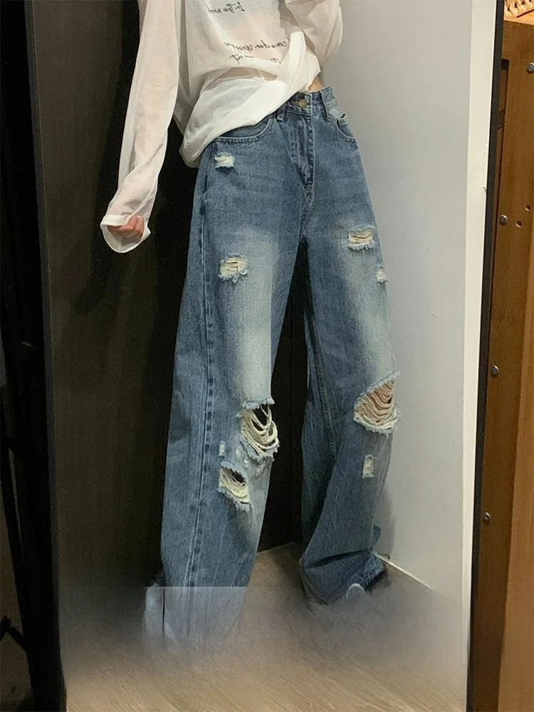 

Женские джинсы с высокой талией, свободного прямого кроя, в американском ретро-стиле, с эффектом потертости, осенне-зимние, новые, удлиненные, до пола