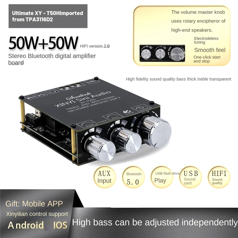 Classy-XY-T50H Bluetooth 5.0 Amplifier Board TPA3116D2 50W+50W High-Bass Adjustable Stereo Digital Amplifier Board Audio Module