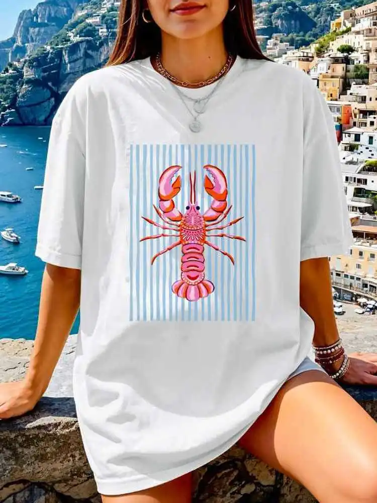 JHYF American Retro Vintage Summer Beach Holiday Striped Lobster Spicy Loose Short Sleeve T-Shirt Women's Street Style Oversi...
