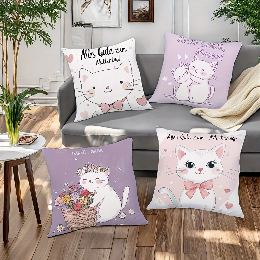 4pcs New Cute Cat Pillow Covers Holding Bouquet Mother Cat with Kittens Decorative Zipper Cushion Cases for Home Sofa Decor