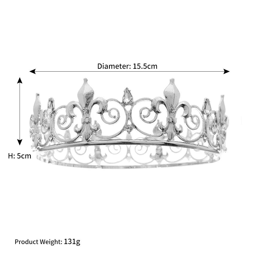 Classic King Hair Jewelry Crown Baroque Full Circle Gold Rhinestone Alloy Crown Men and Women Party Headwear Wedding image 6