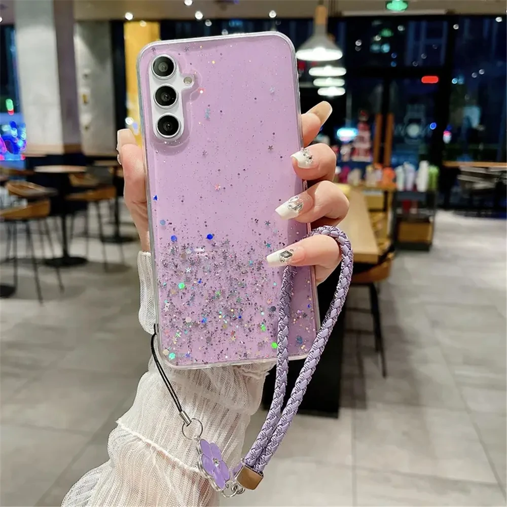 Bling Glitter Phone Case For Samsung Galaxy M15 M54 M34 M14 M53 M33 M23 M13 4G 5G Flower Bracelet Lanyard Soft Silicone Cover