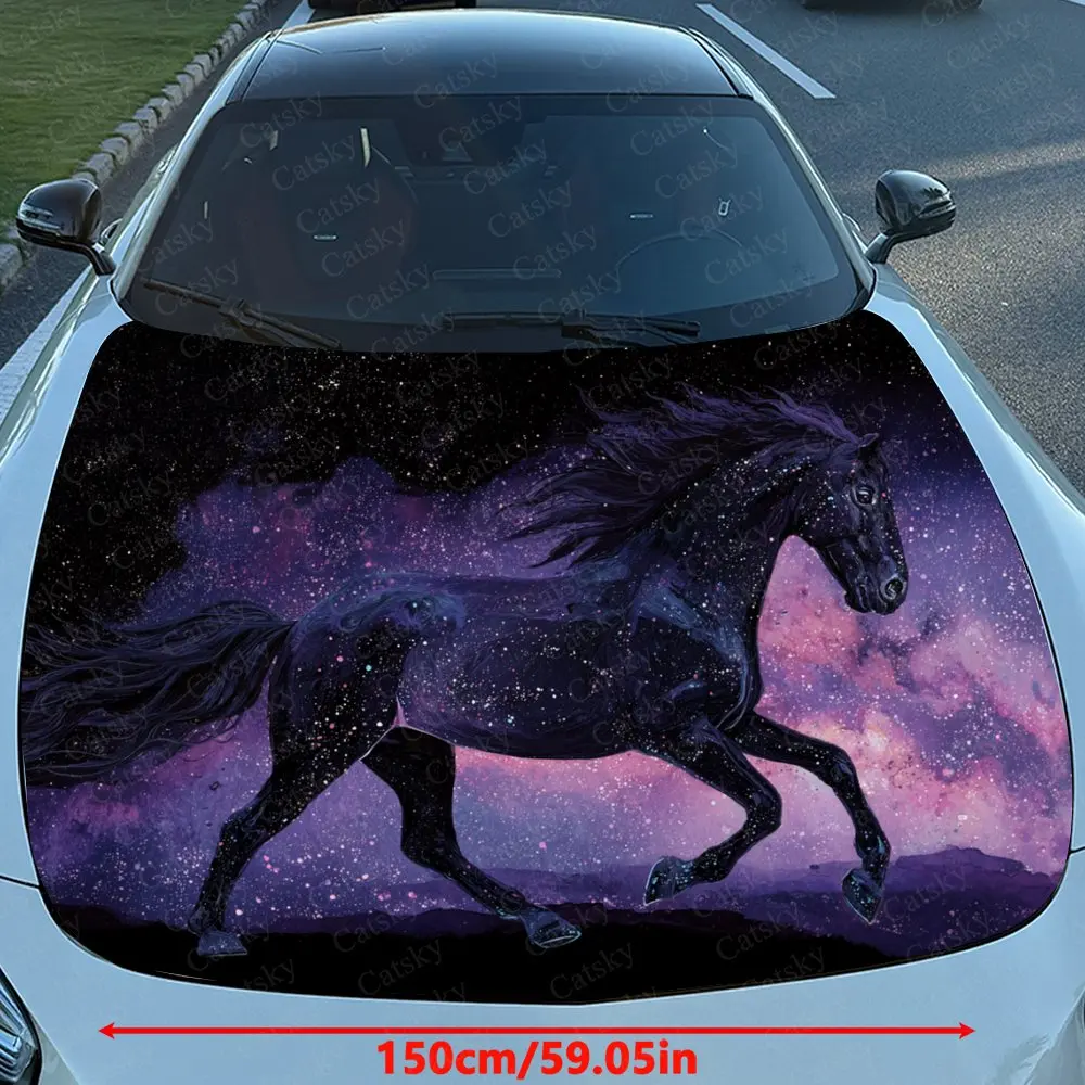 Purple Starry Sky Horse Car Sticker Paper, PVC Waterproof Engine Hood Sticker, Self-adhesive Scratch Resistant Sticker, Suitable