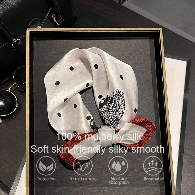 

Роскошный шарф из 100% тутового шелка, женский бандана с точечным принтом, шаль, женский шейный платок, женский декоративный платок, 53 см