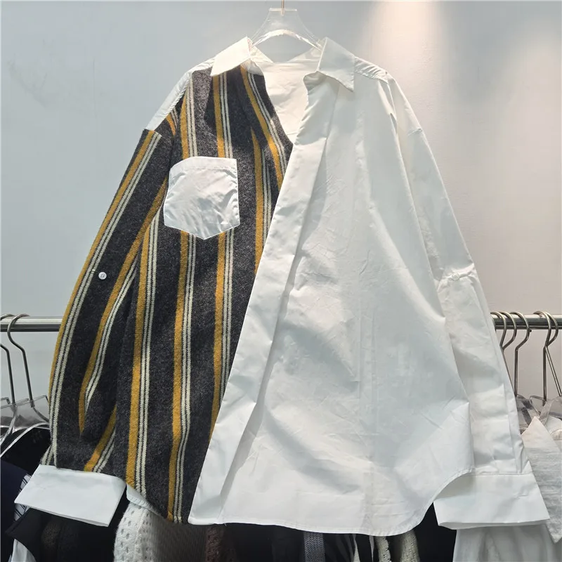 

SuperAen, весна 2026, новая модная полосатая лоскутная рубашка с воротником с лацканами и длинными рукавами для женщин, повседневные и свободные рубашки