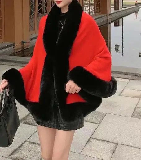 

Autumn and Winter Plus Size Women's New Imitation Otter Fur Collar Shawl Cape Knitted Cardigan Solid Color Temperament Jacket