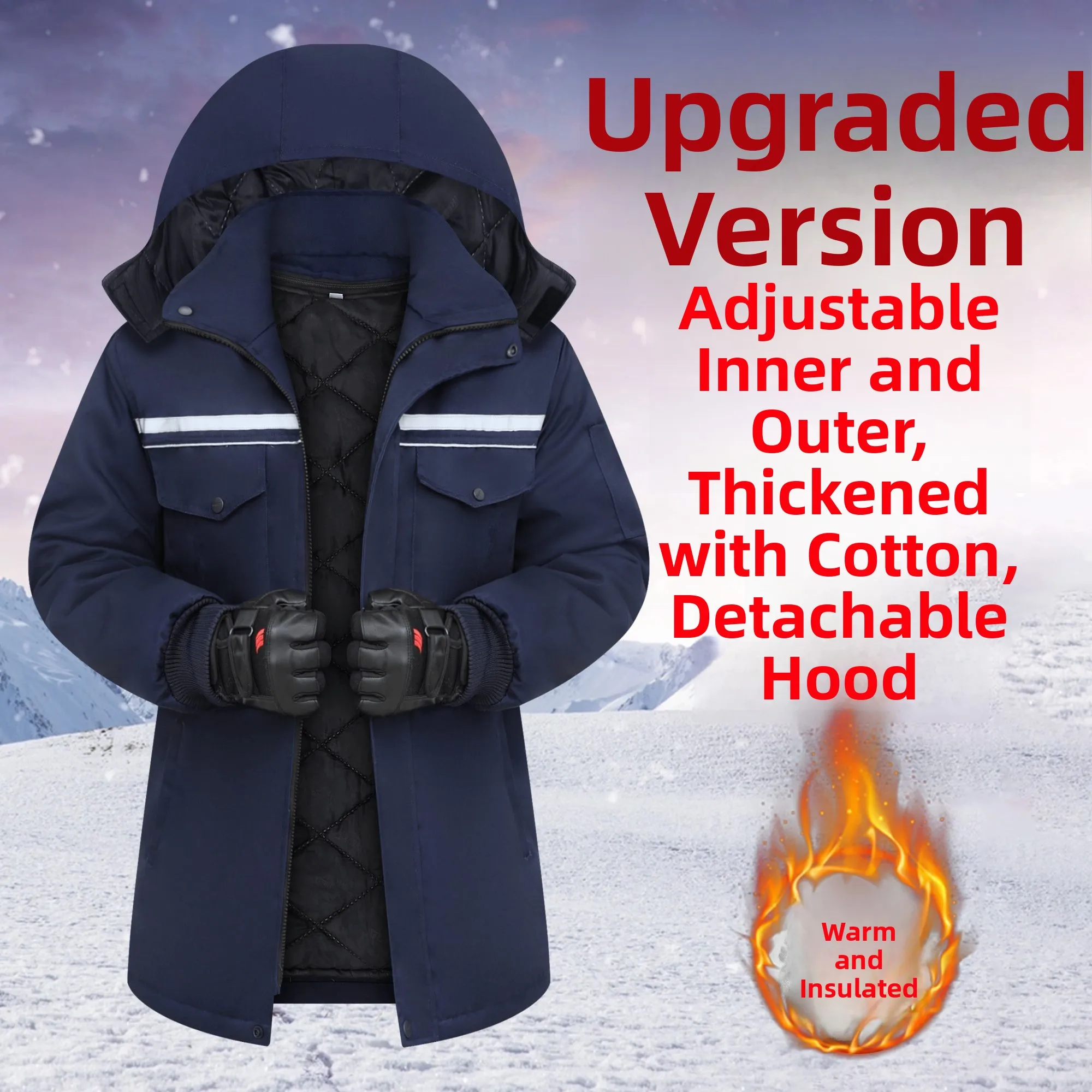 

Thiened Cotton Jaet Зимняя рабочая одежда Съемная внутренняя износостойкая теплая молодежная повседневная куртка средней длины с капюшоном