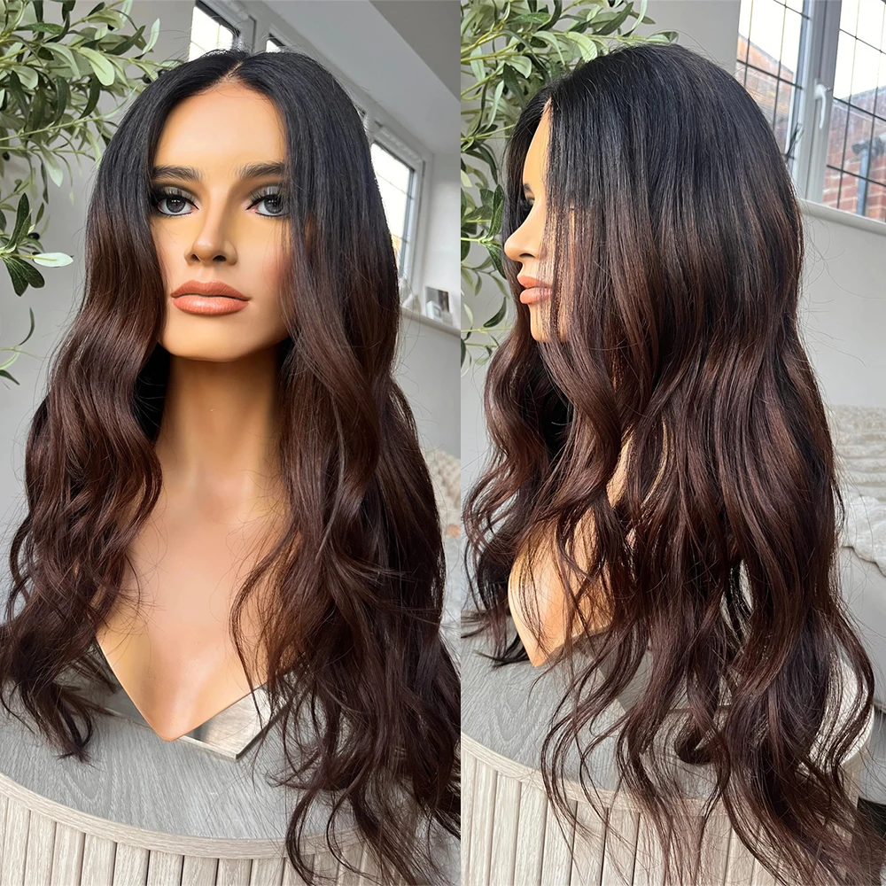 

Dark Brown Brunette Wavy Synthetic Lace Front Wig Loose Wave Heat Resistant Fiber Glueless Highlighted Wig for Black Women