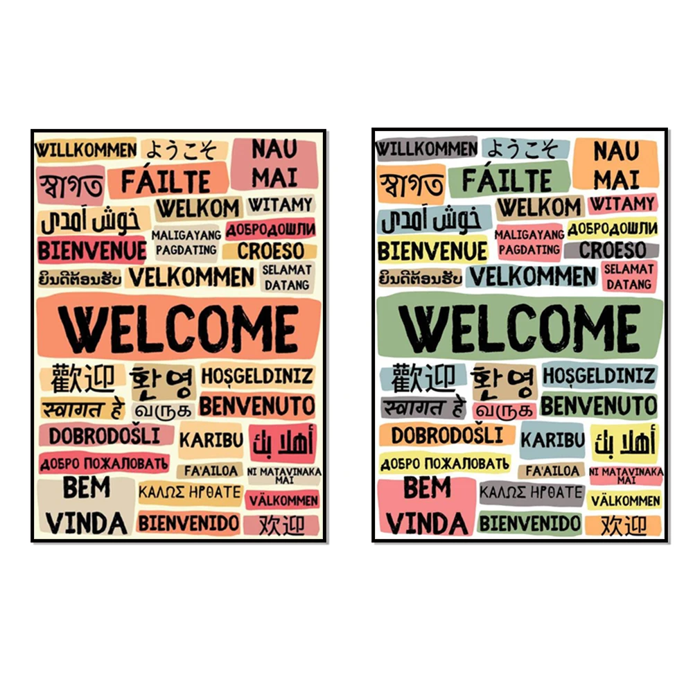 Multilingual thank-you, welcome, and hello art prints; inclusive greetings and welcome-home decorative posters.