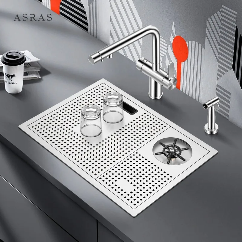 ASRAS Stainless Steel High Pressure Automatic Cup Washer Sink Set for Milk Tea Shop Coffee Bar Counter Small Single Sink