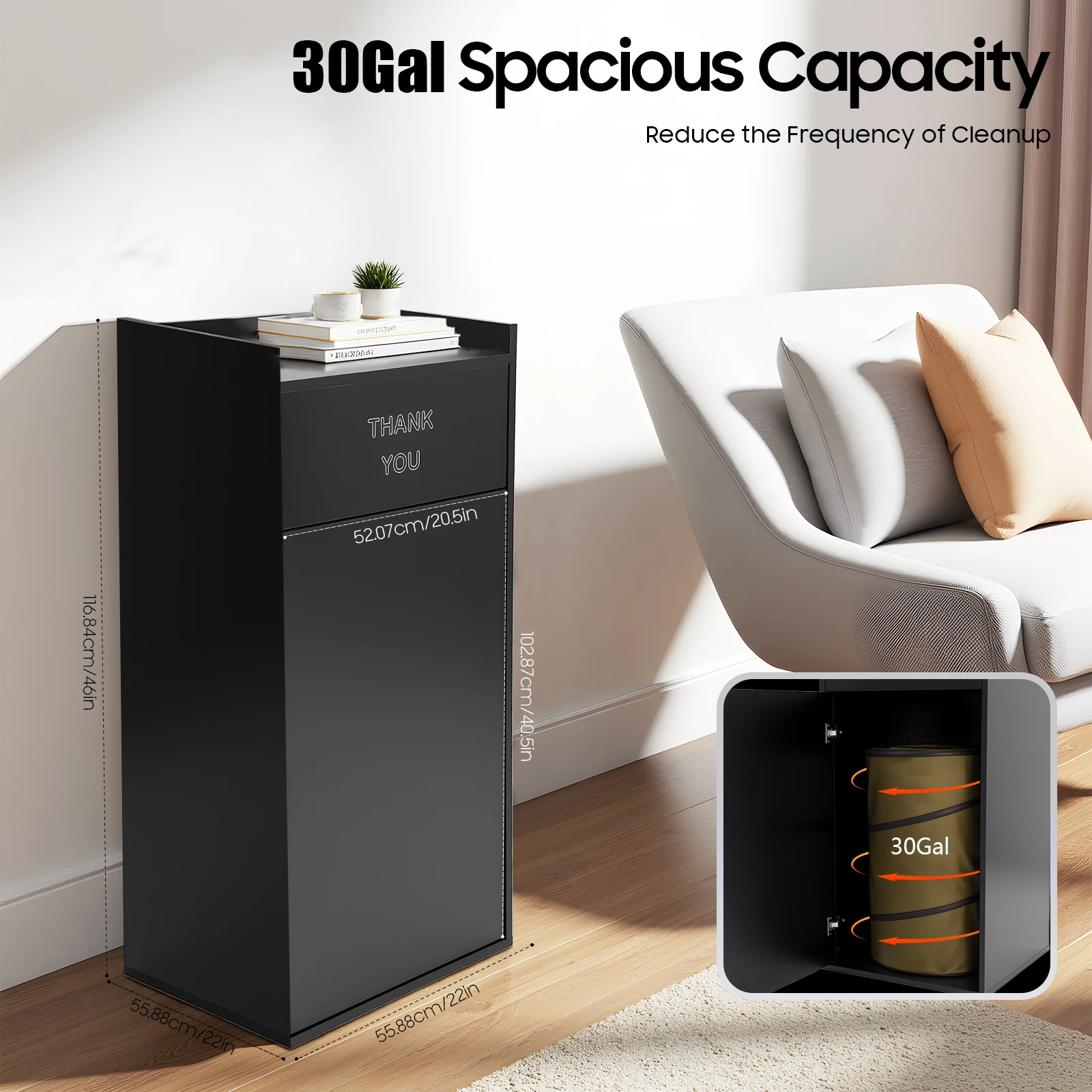 30Gal Large Capacity Commercial Trash Can 110.23lbs Load-bearing Eco-board Moisture-proof Freestanding Waste Bin Foldable Canvas Inner Bag Raised Anti-slip Top Baffle Swing Open Door Smooth Burr-free Edge Container for Office Restaurant Cafeteria
