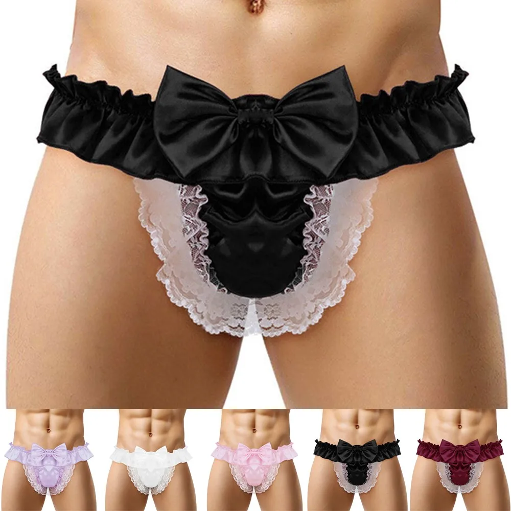 

Mens Panties Sissy See Through Lingerie Satin Bikini G-String Thong Low Rise Briefs Sexy Elastic Underwear Breathable Underpants