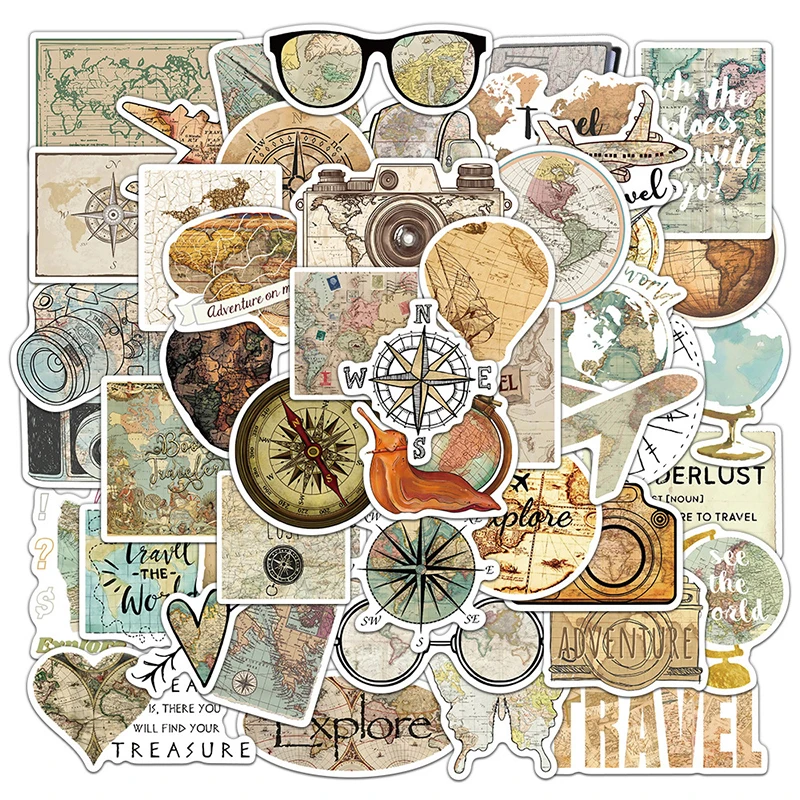 50 SZTUK Vintage Mapa Świata Podróż Naklejki PVC Estetyczna Dekoracja Scrapbooking Butelka na Wodę Gitara Notatnik Naklejki Zabawki dla Dzieci Prezent