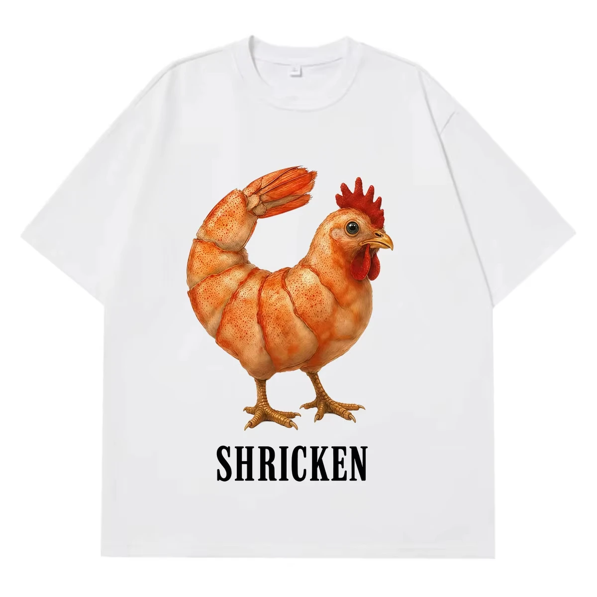Shricken Funny Chicken Shrimp Graphic Tshirt Men Women Fashion Vintage T-shirt Summer Short-sleeved Loose Casual Cotton T-shirts