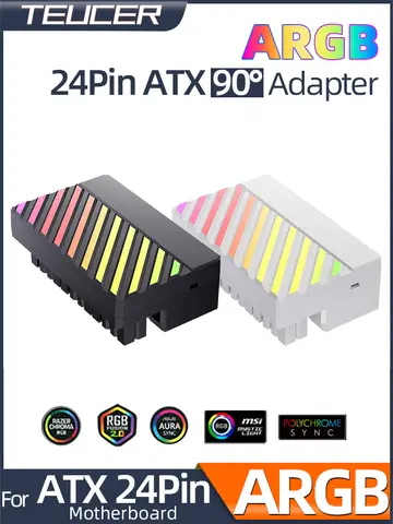 Teucer ATX 24Pin 90도 마더보드 전원 공급 장치 ARGB 케이블 커넥터 플러그 어댑터 DIY 장착 액세서리 데스크탑 PC용
