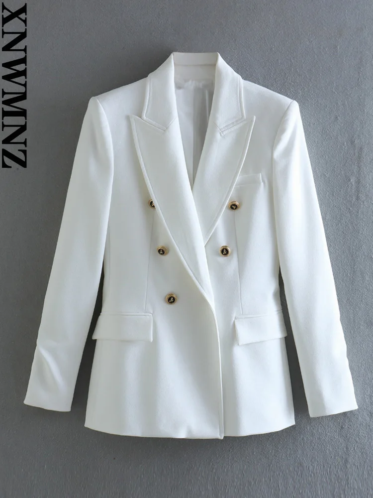 XNWMNZ 2023 Women fashion double-breasted blazer Woman lapel long-sleeve pocket gold button coat female chic suit