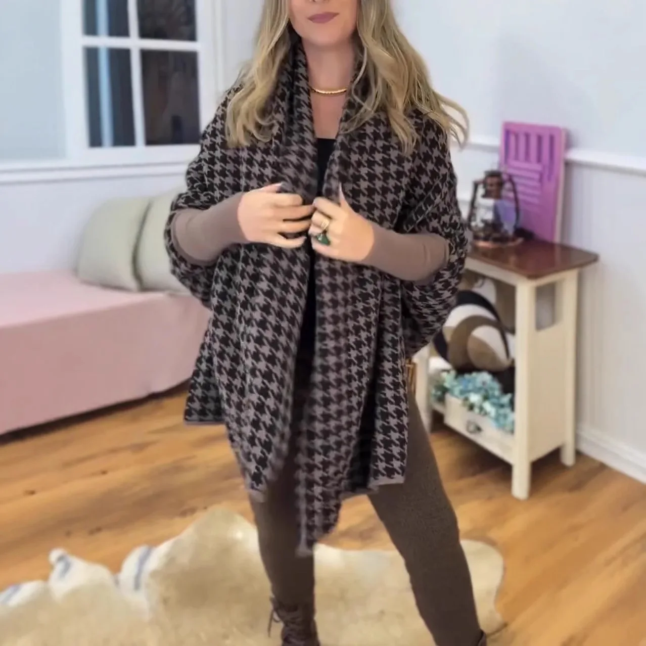 

Manteau Hiver Abrigos Invierno Mujer Outerwears Womens Coats Houndstooth Pattern Bat Sleeve Splicing Jacket Nuevo En Abrigos