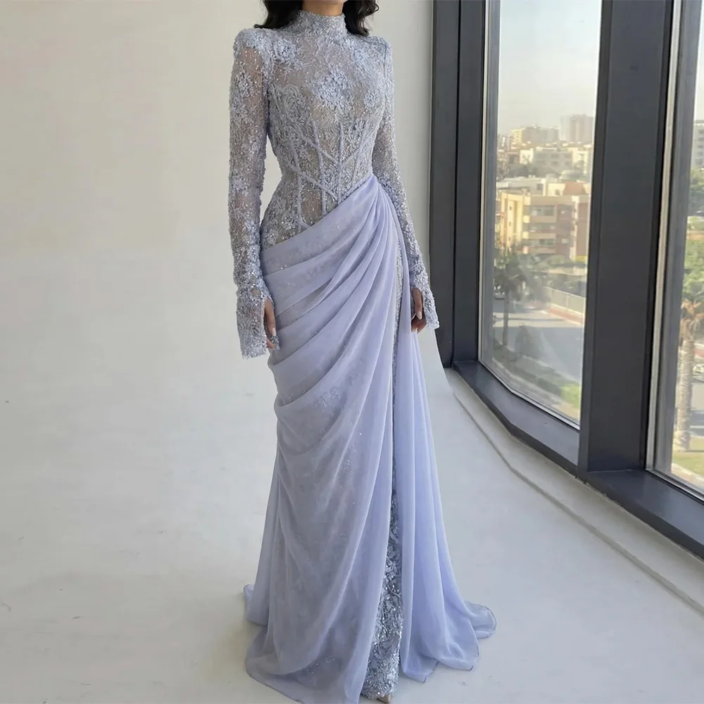 Robe de soirée classique à manches longues et col haut, avec appliques sirène personnalisées, robes de célébrités, dentelle de haute qualité, Vestido De Festa
