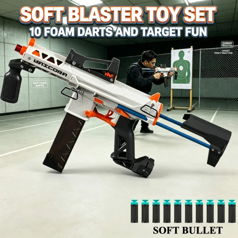 Manual Foam Dart Blaster Toy, Pull‑Back Soft Bullet Launcher with 10 Pcs EVA Soft Darts, Reusable Shooting Toy for Backyard Game