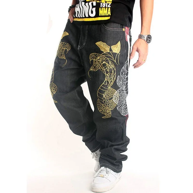 Hip hop jeans streetwear Male plus size loose baggy denim pants Snake embroidery straight long trousers for men