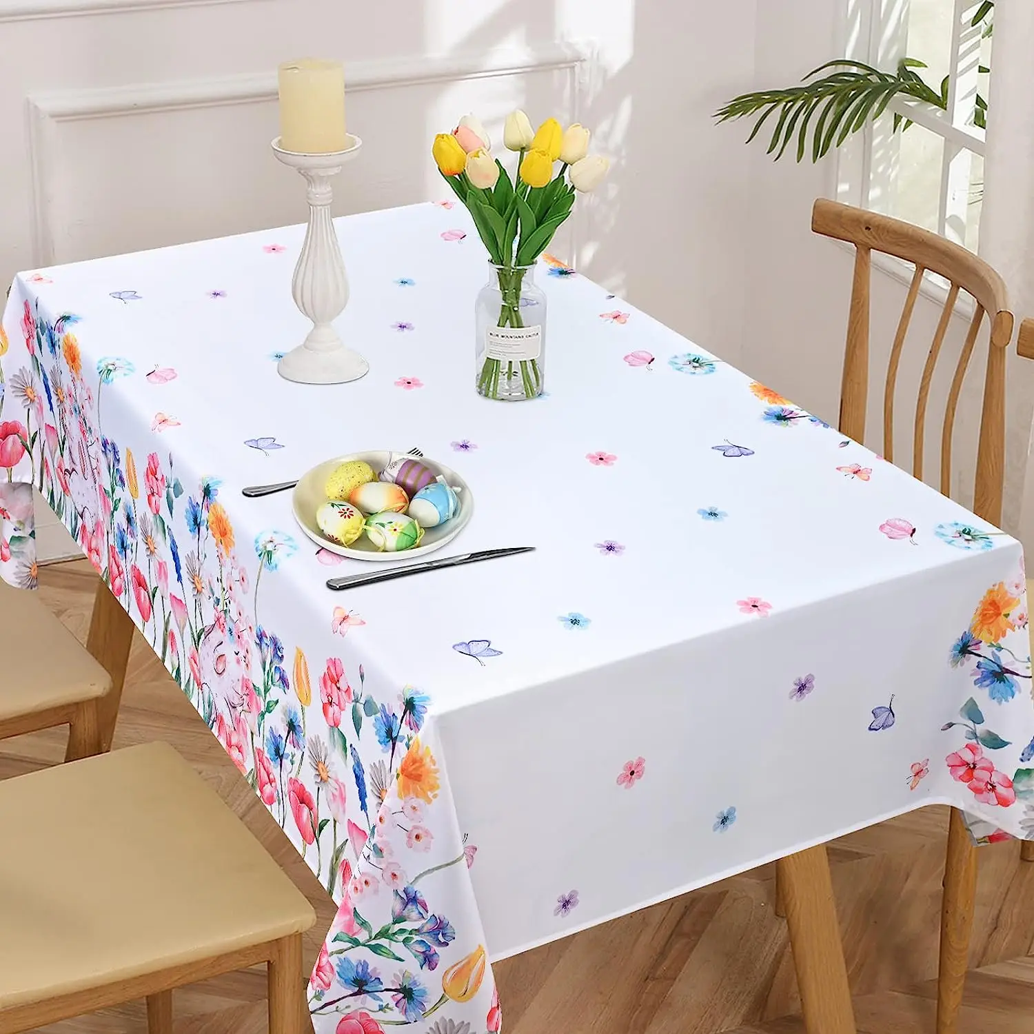 

Spring Tulip Floral Rectangle Tablecloth Holiday Party Decorations Waterproof Table Cover for Wedding Table Decoration Washable