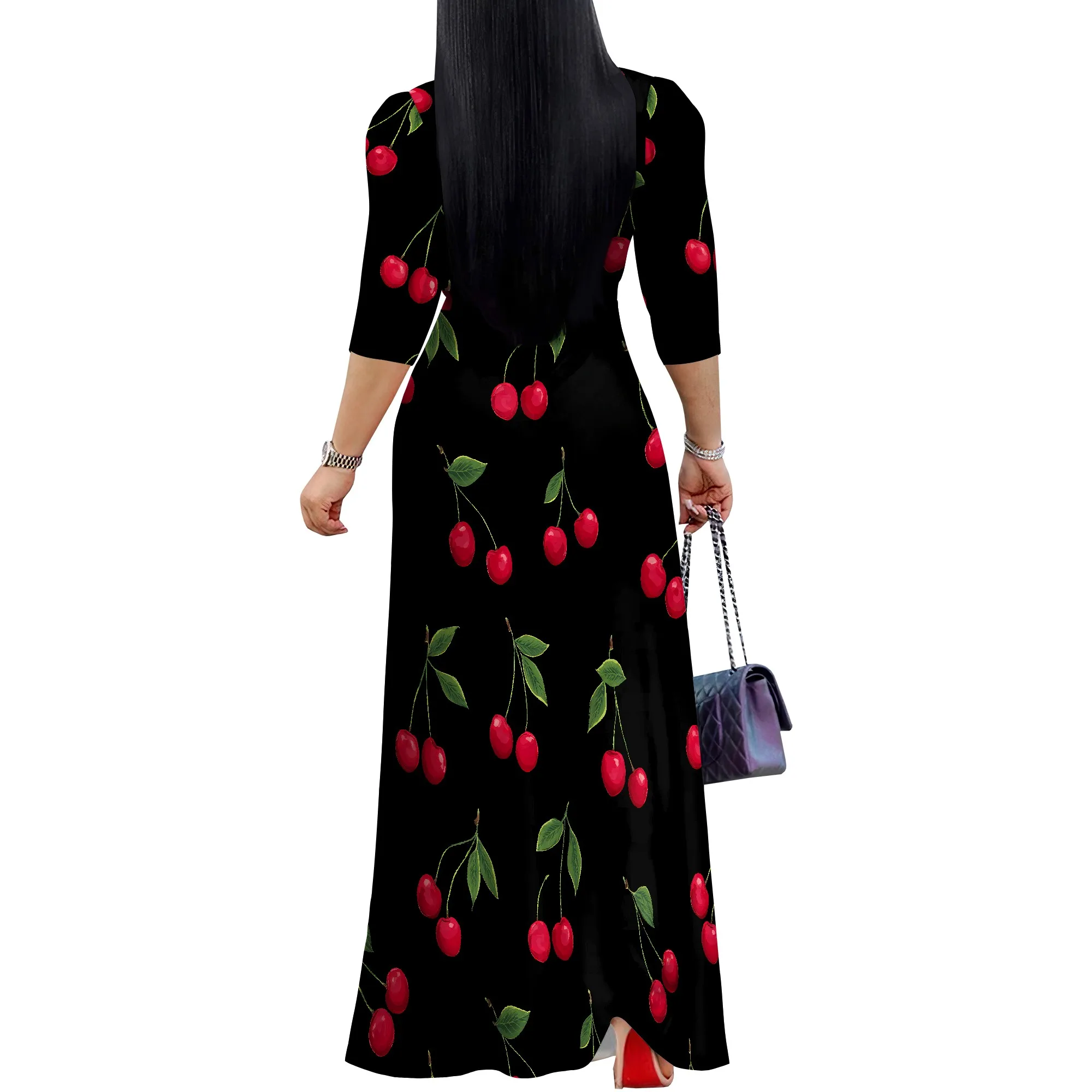 Women's Floral Print Maxi Dresses Summer with Pockets Casual 3 4 Sleeve V-Neck Wrap Tie Waist Long Dress