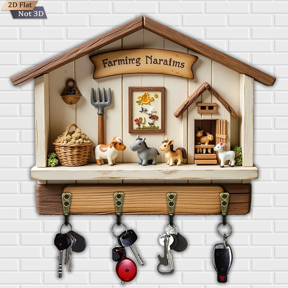 2D Flat, 1pc, Farmhouse-Style Key Hook, Wooden Multifunctional Home Key Hook with Four Metal Hooks, Wall Decoration, Porch