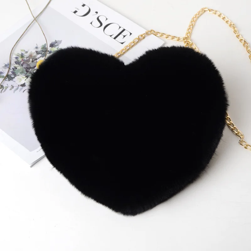 Fashion Women\'s Heart Shaped Handbags Cute Kawaii Faux Fur Crossbody Bags Wallet Purse Plush Chain Shoulder Bag Lady Handbag