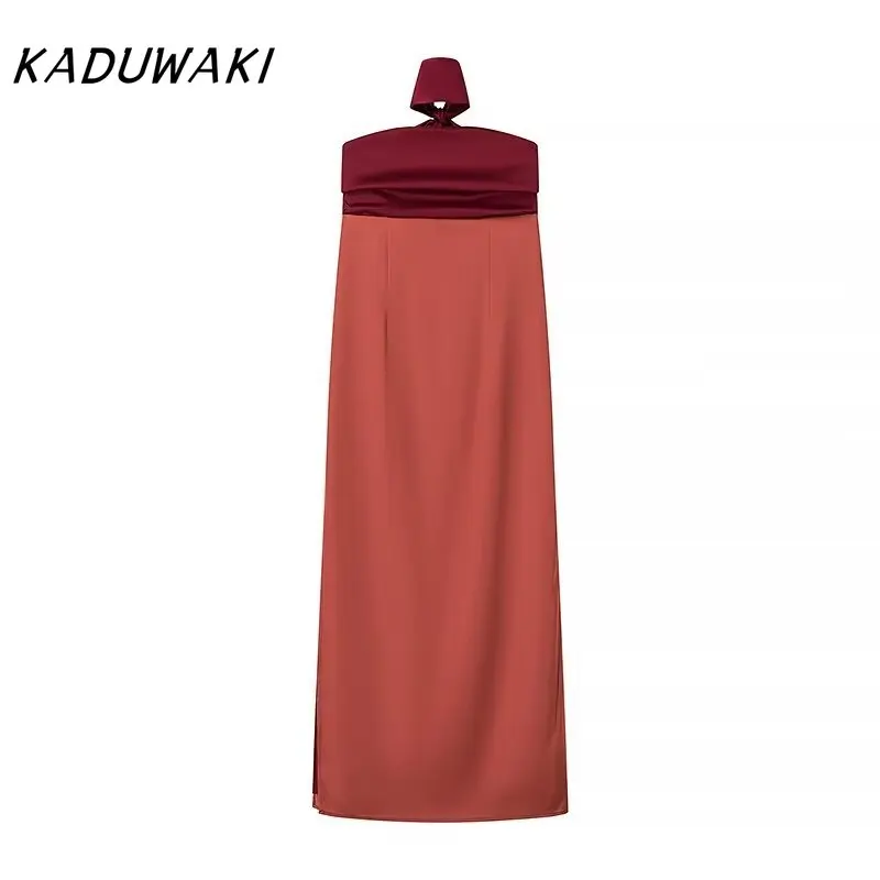 KADUWAKI American Sexy Bustier Strapless Colorblocking Robe Chic Slim Splicing Pleated Lace-up Satin Vestidos De Tricô Femenino