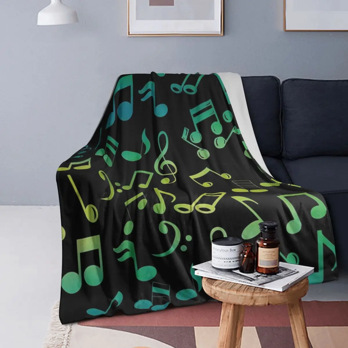 

Yellow And Green Music Notes Blanket Soft Warm Flannel Throw Blanket Bedding for Bed Living room Picnic Travel Home Couch