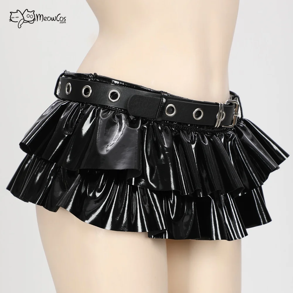 MEOWCOS Women Gothic Style Skirt Black Shiny Leather Short Mini Skirt with Belt Cosplay Costume