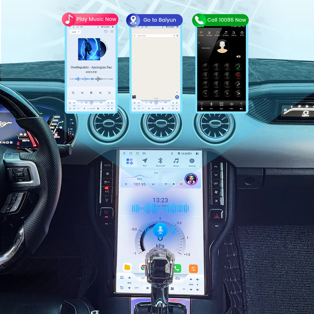 

Car Multimedia Player Carplay Radio For Ford Mustang 2015-2023 Android Screen+ Digital Cluster + Co-pilot Dashboard 3 Pieces Set