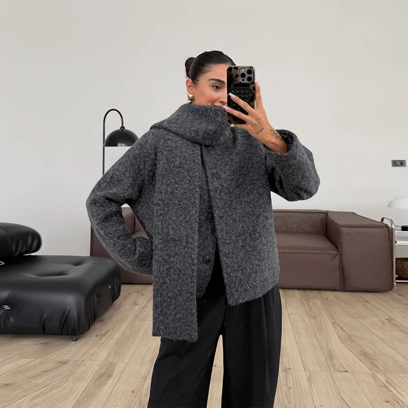 Women's Vintage Classical Comfortable Wool Coat Autumn Winter Trendy Oversize Scarf Jacket Casual Commuter High Street Clothes
