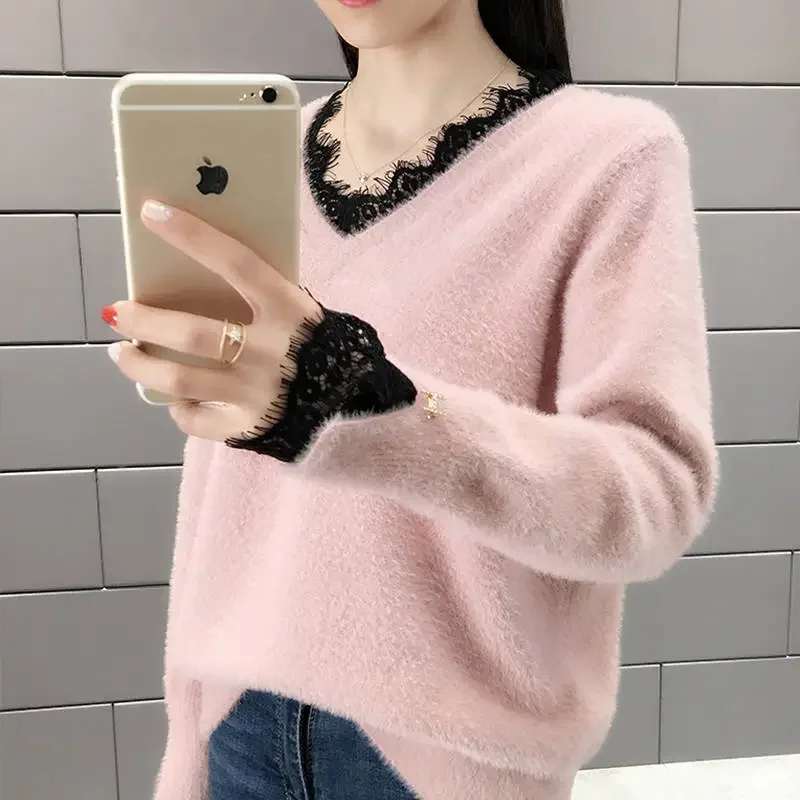 Pink White Womens Sweater Fashion V-neck Lace Sweater New Autumn Fall Imitation Mink Velvet Pullovers Knitting Jumper Femme Tops