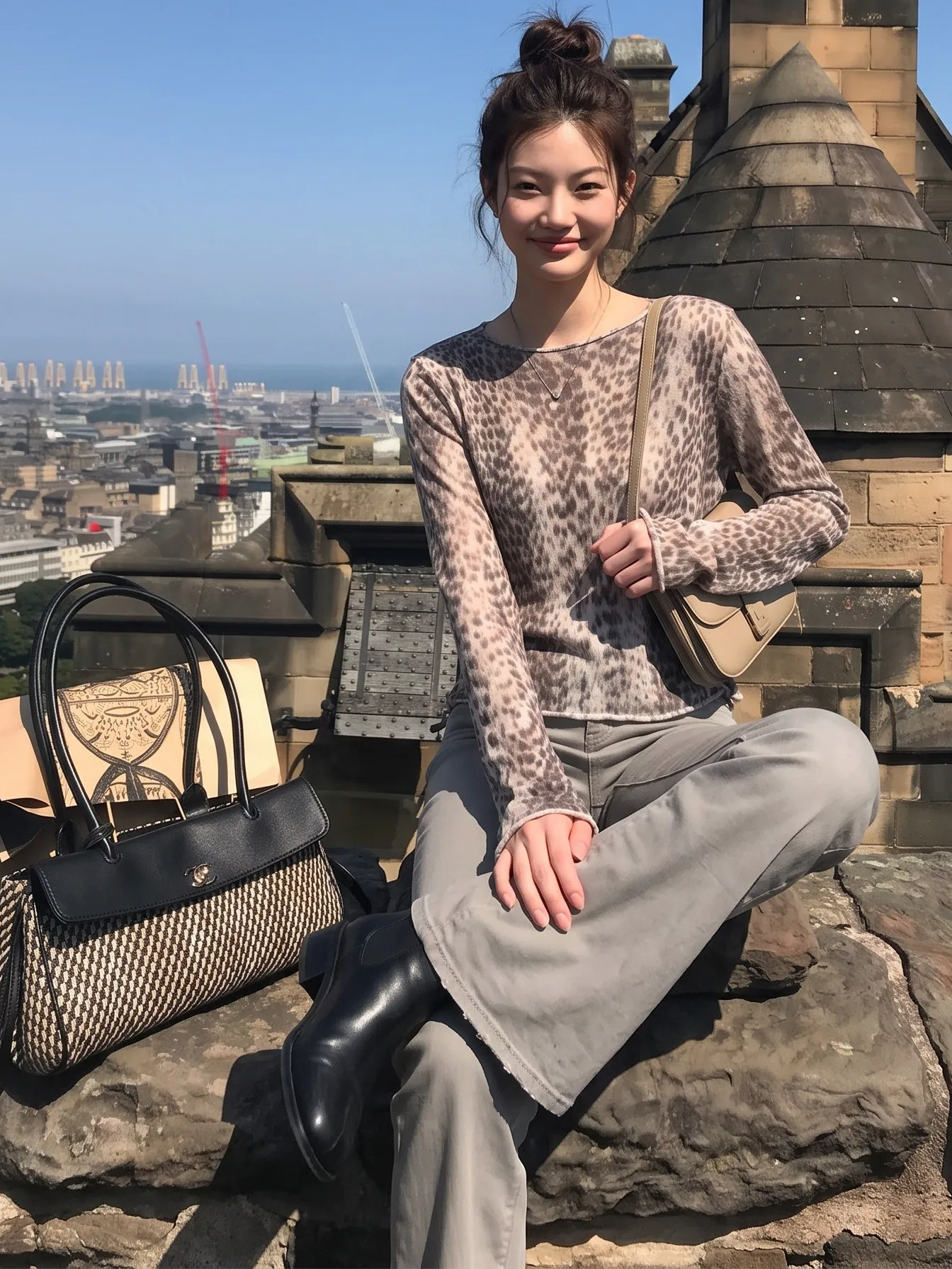 Retro Leopard Print Knitted Long Sleeve Casual Slim Fit Women's T-Shirt Shoulder Baring Top Comfortable Soft Medium Thickness