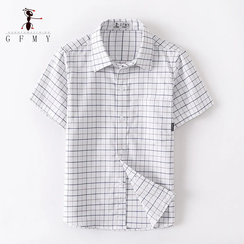 

GFMY 2023 New Summer Children's Clothes Boys 100% Cotton Plaid Shirts 4T-16T School Uniforms For Kids Tops