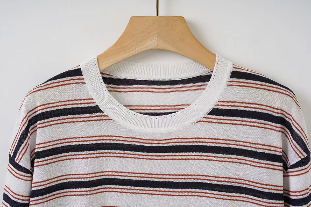 New Knitted Round Neck T-shirt with Drawstring Stripe Cotton and Hemp Long Sleeve Knitted Top, Loose and Casual